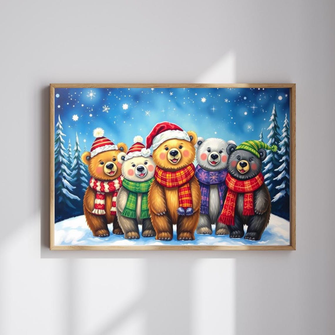 Five Happy Christmas Bears Winter Hats Snowy Pine Forest Poster