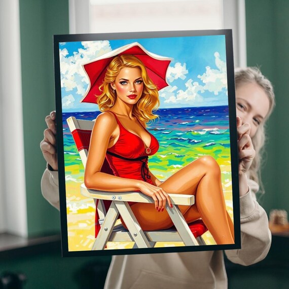 Retro Pin Up Beach Woman Red Swimsuit Vintage Summer Art Poster