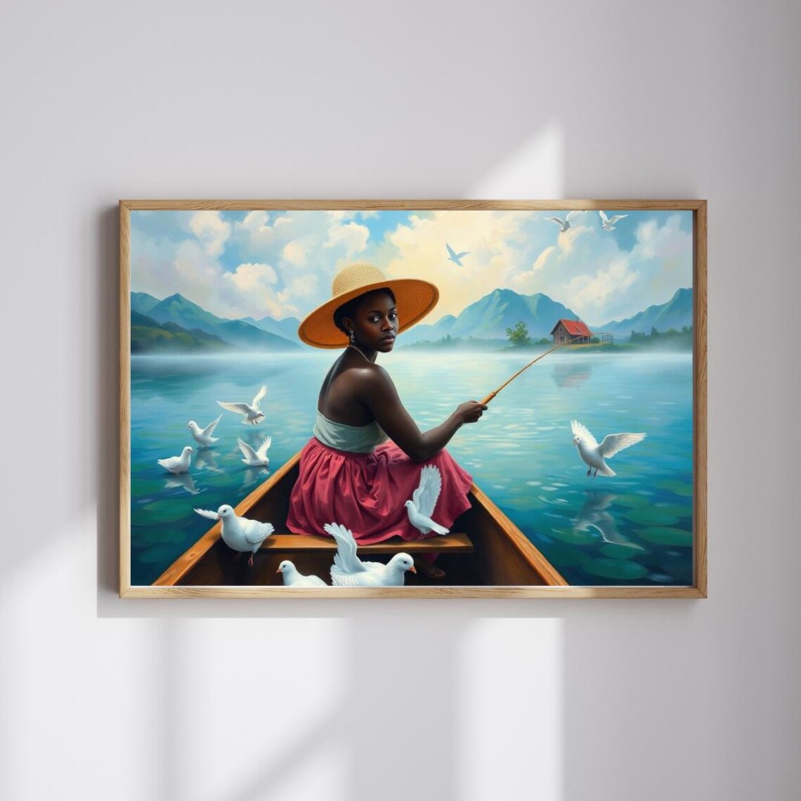 Woman Fishing From a Canoe Surrounded by White Doves Lake Art Print
