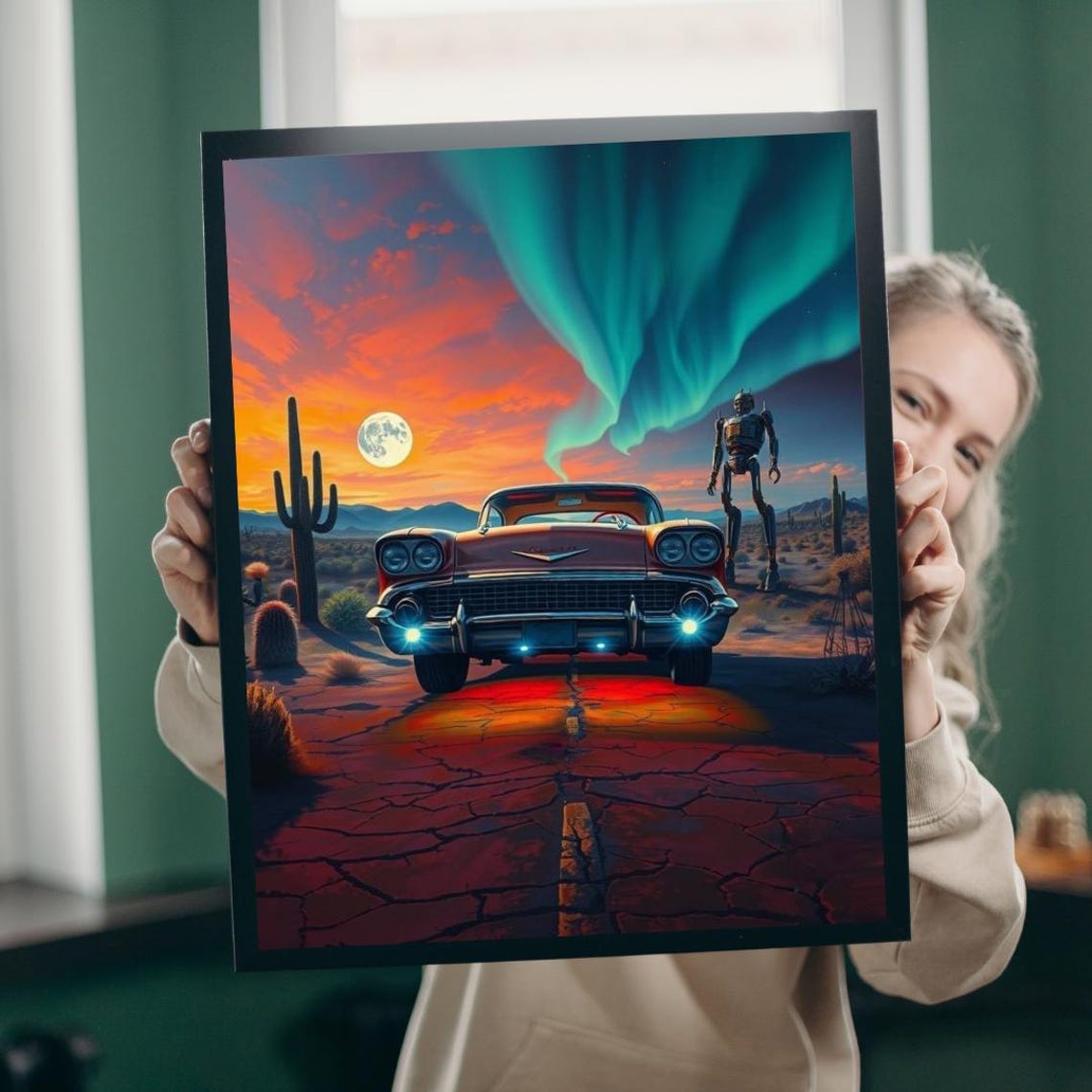 Epic Retro Classic Car Desert Robot Aurora Sci Fi Art Poster
