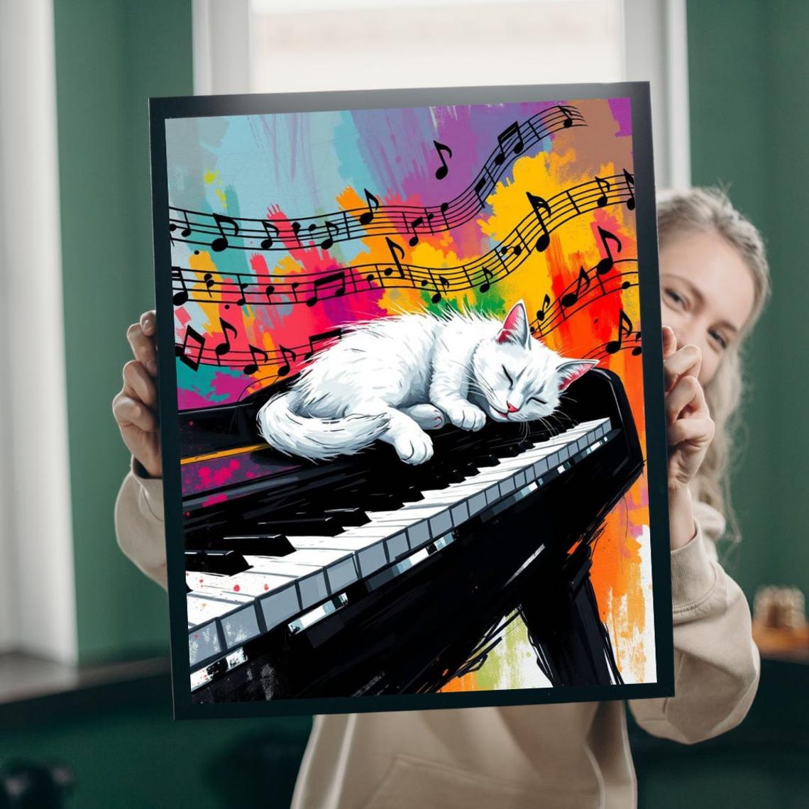 White Cat Sleeping On Piano Keys Colorful Music Notes Poster Art