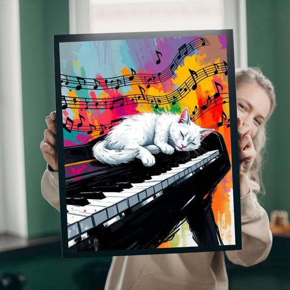 White Cat Sleeping On Piano Keys Colorful Music Notes Poster Art