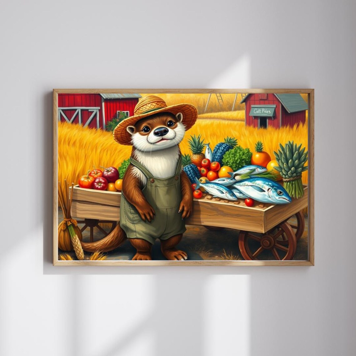 Otter Farmer Produce Cart Funny Straw Hat Market Day Scene Poster
