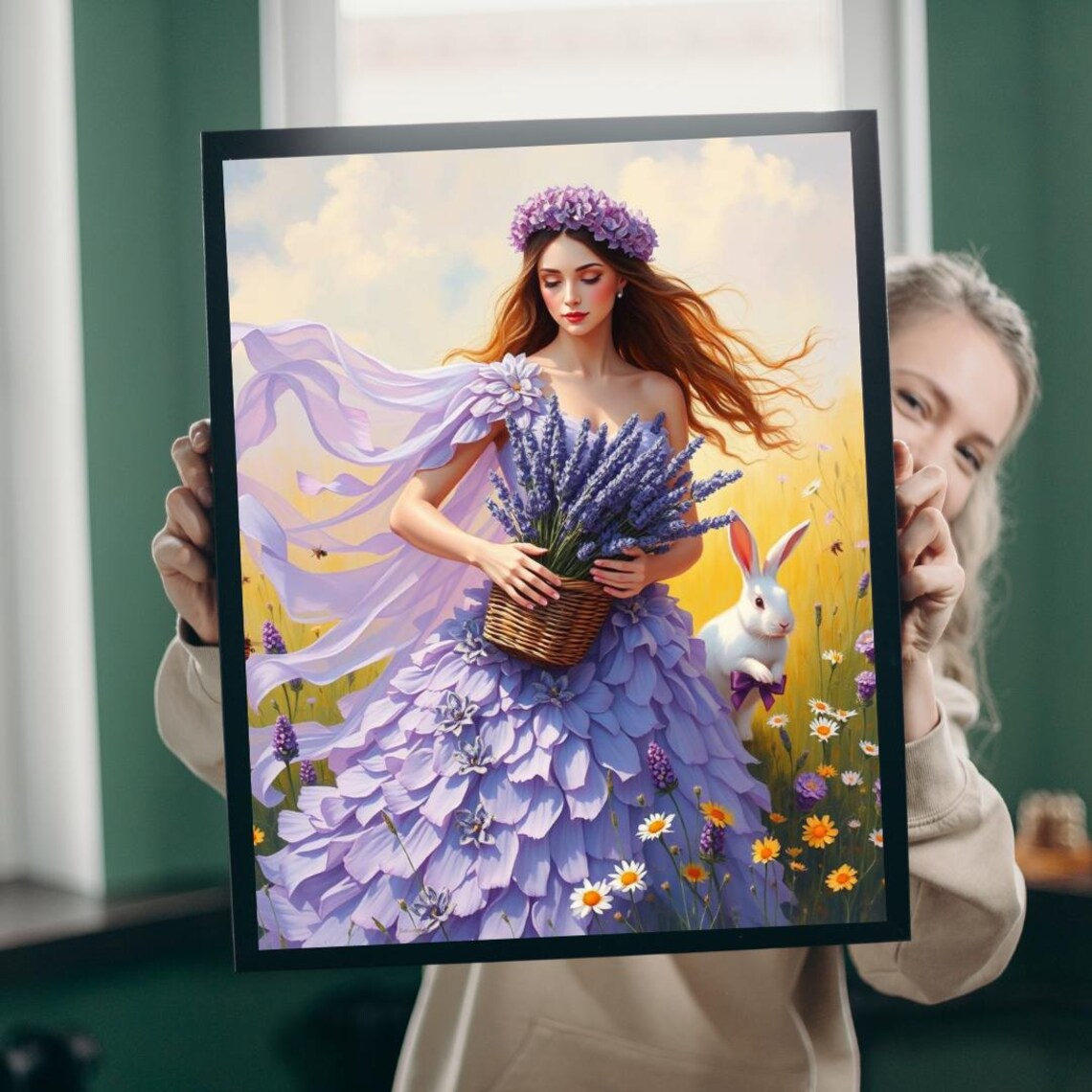 Lavender Meadow Fairy Lady in Lilac Floral Dress Fantasy Art Poster