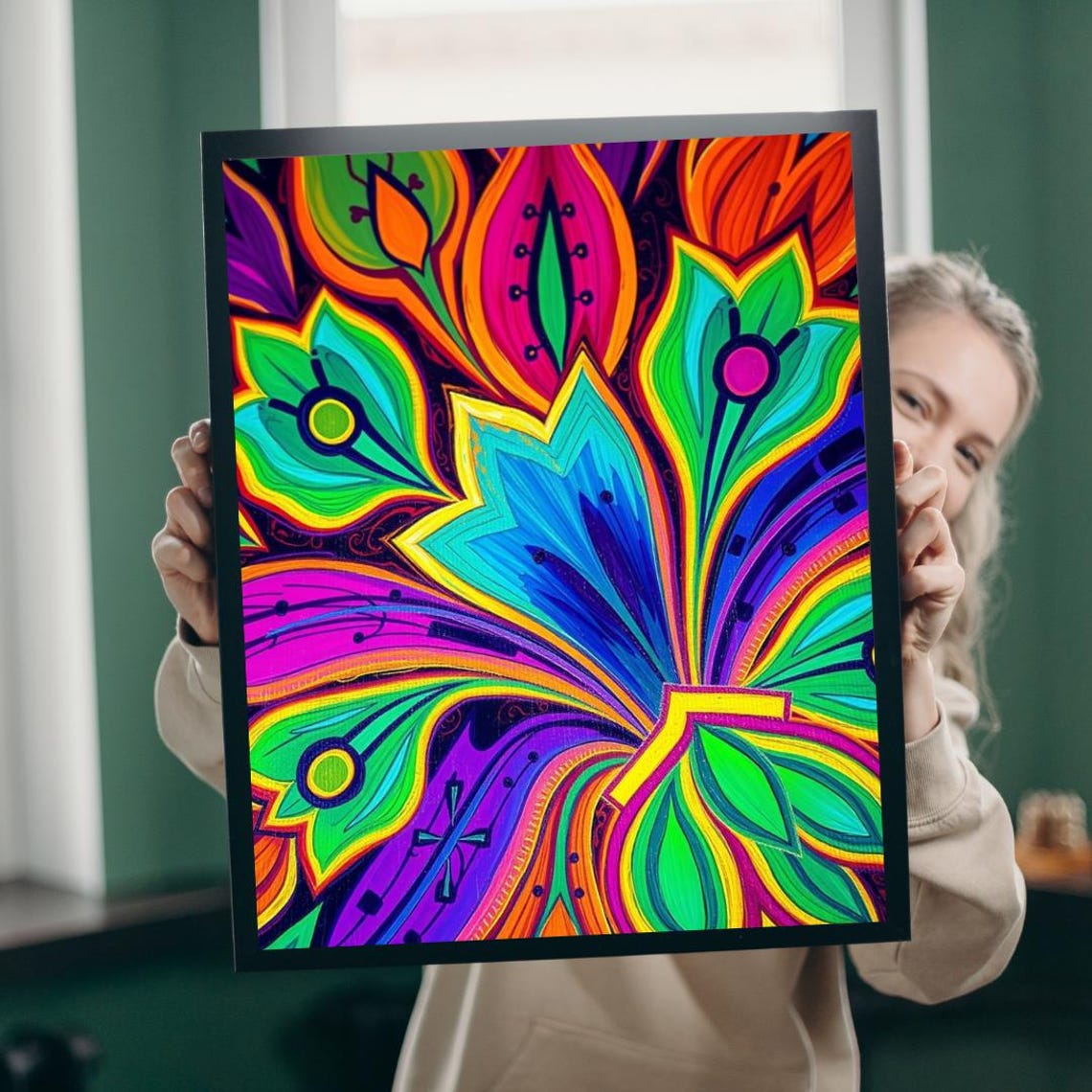 Neon Psychedelic Flower Mandala Trippy Colorful Abstract Art Poster
