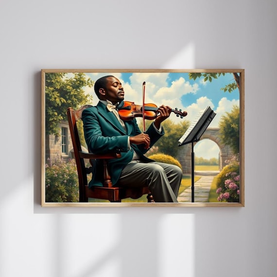 Elegant Violinist Garden Concert Green Suit Portrait Art Poster