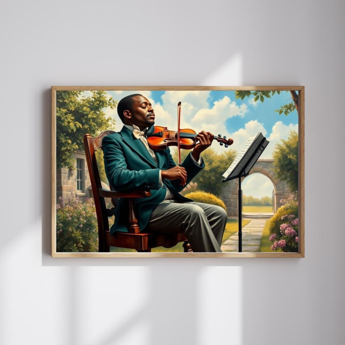 Elegant Violinist Garden Concert Green Suit Portrait Art Poster