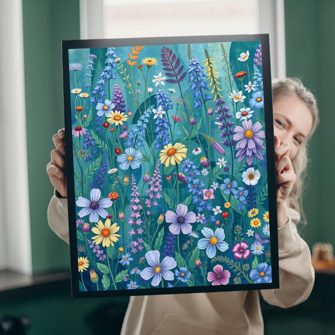 Blue Wildflower Meadow Poster Bellflowers Botanical Illustration Decor