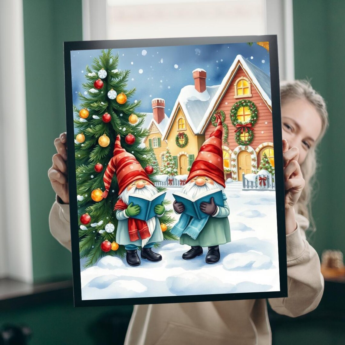 Christmas Caroling Gnomes Snowy Village Songbooks Holiday Wall Art