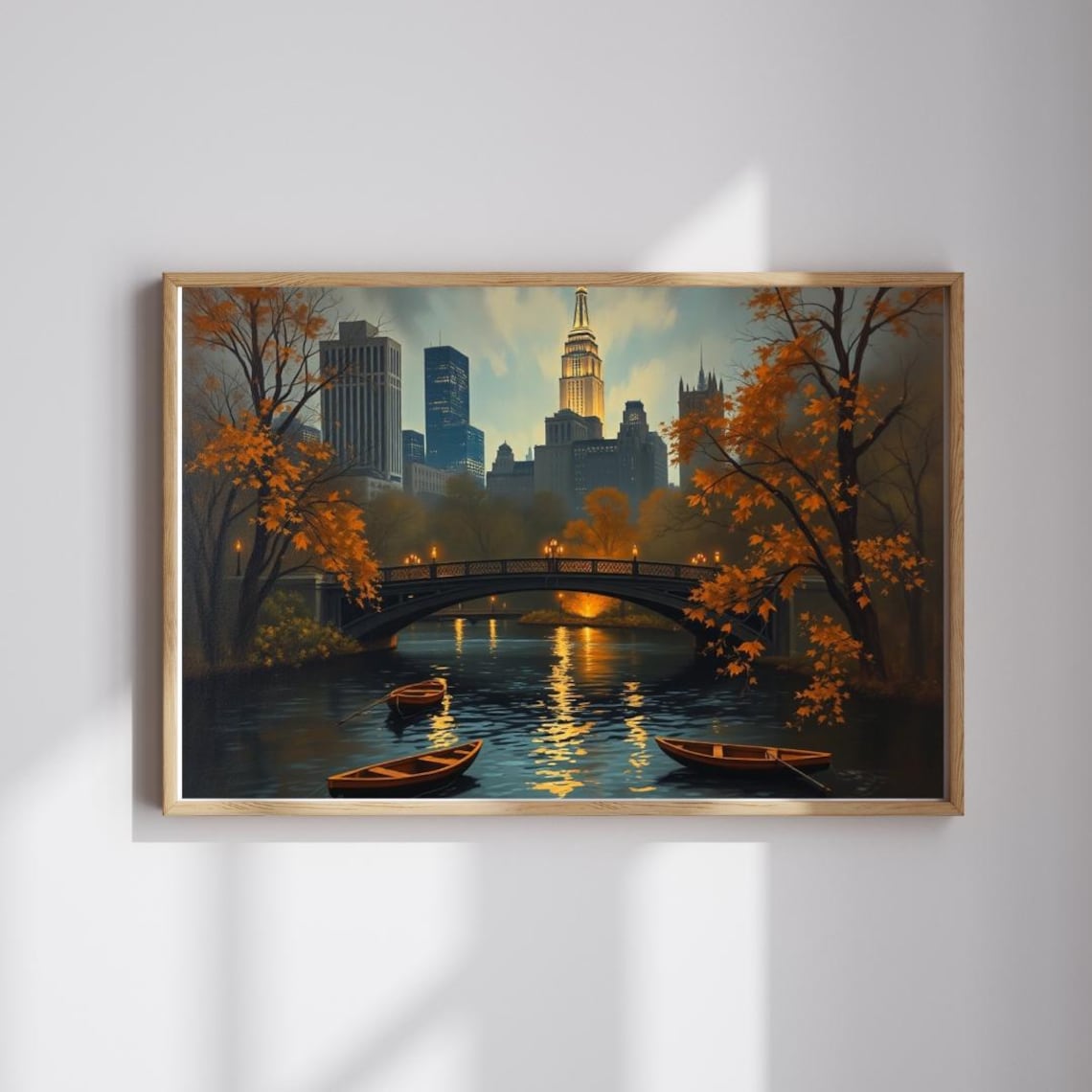Autumn City Skyline Park Lake Rowboats Golden Dusk Painting Poster
