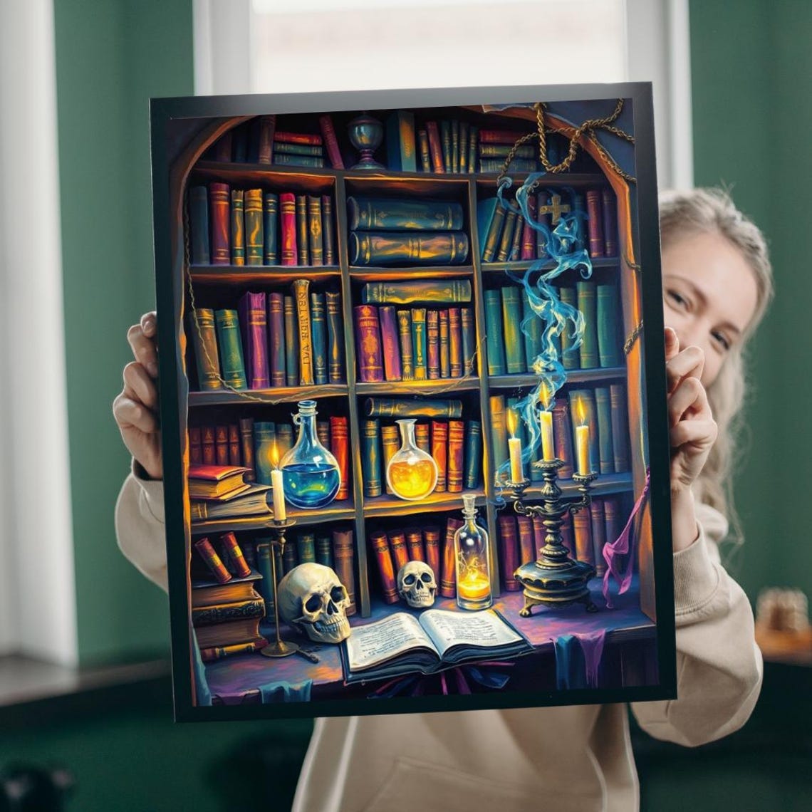 Mystical Library Bookshelf Candles Skull Magic Fantasy Art Print