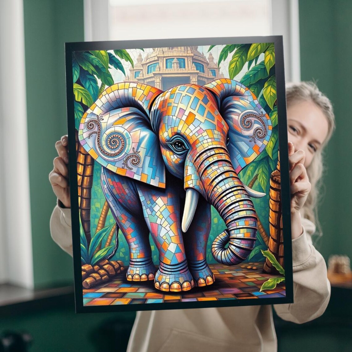 Vibrant Colorful Mosaic Elephant Jungle Temple Wildlife Poster