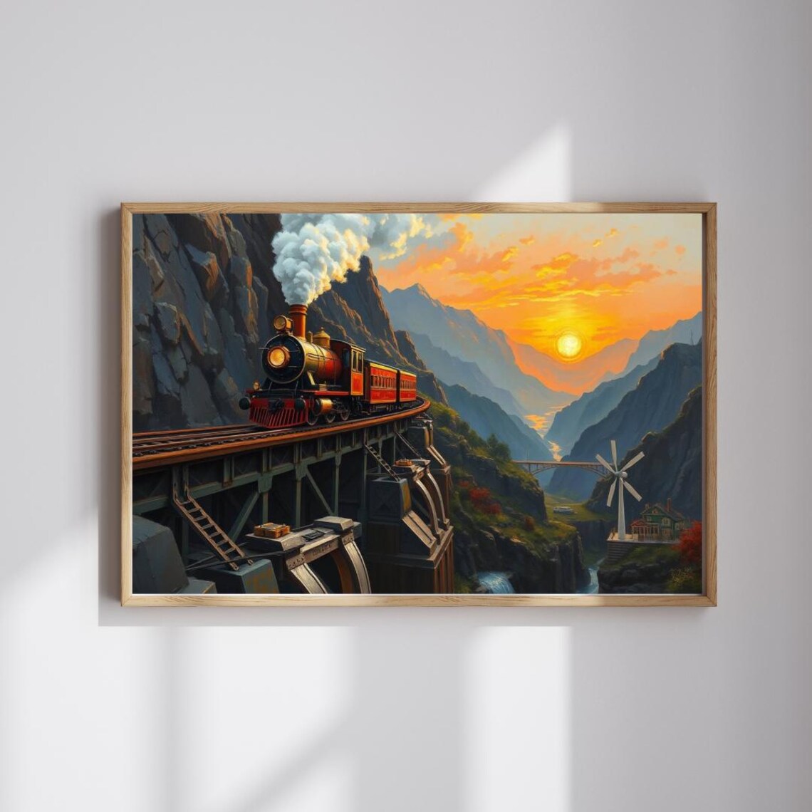 Steampunk Train Crossing Mountain Bridge Golden Sunset Landscape Poster