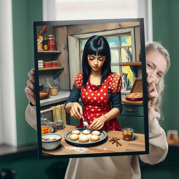Vintage Kitchen Baking Woman Cats Rustic Bakery Scene Art Poster