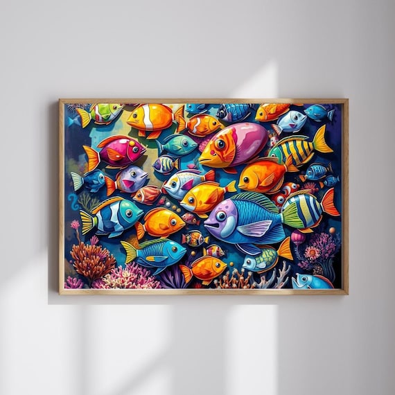 Colorful Cartoon Fish Collage Swimming Through Coral Reef Poster