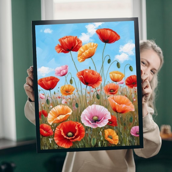 Blooming Red Poppies Wildflower Meadow Floral Painting Poster