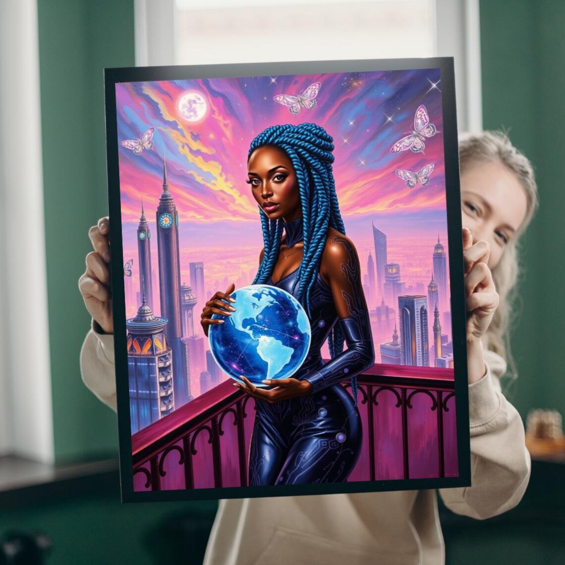 Futuristic Woman Holding Earth Poster Neon City Skyline Fantasy Artwork