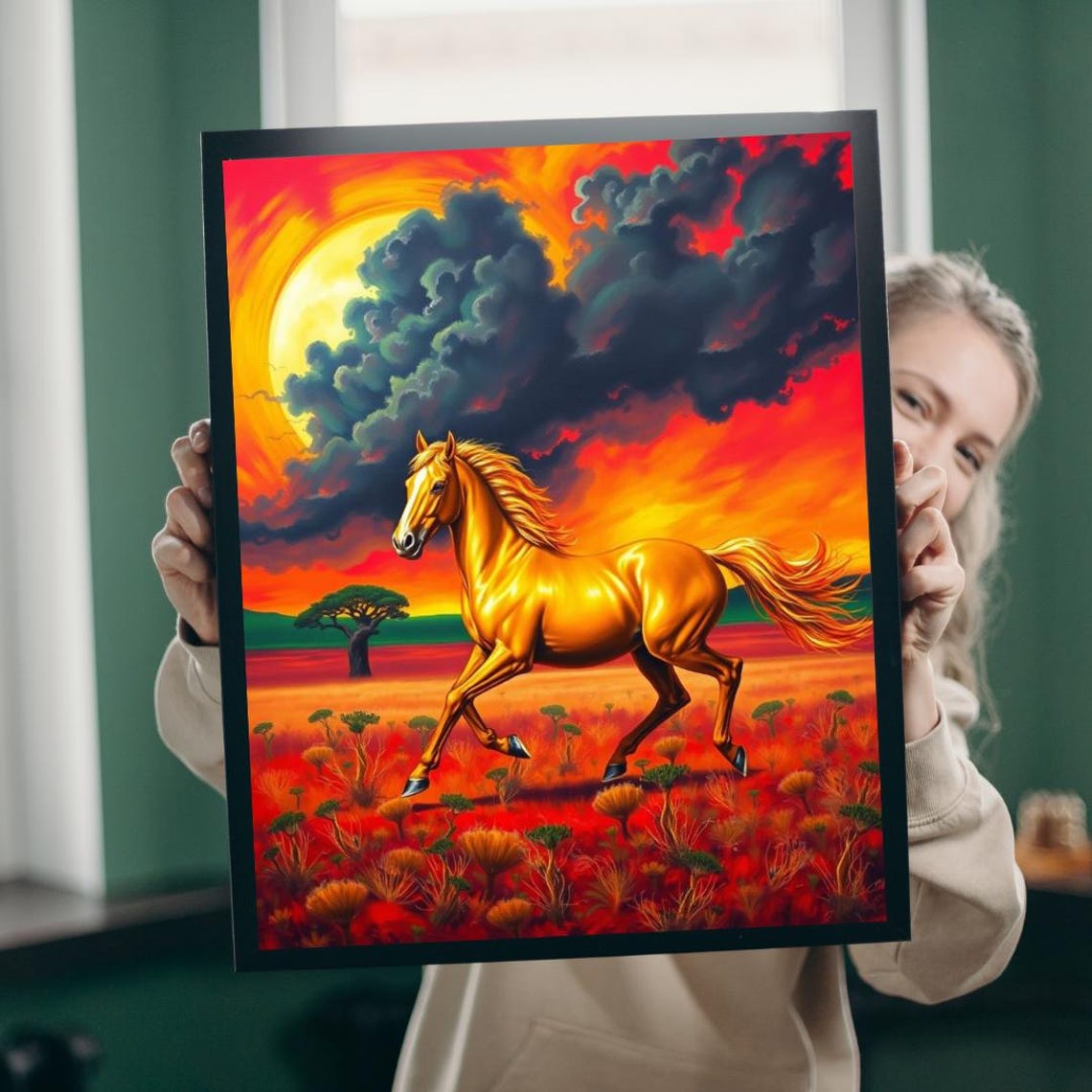 Golden Stallion Galloping Across Red Plain Fiery Sunset Poster