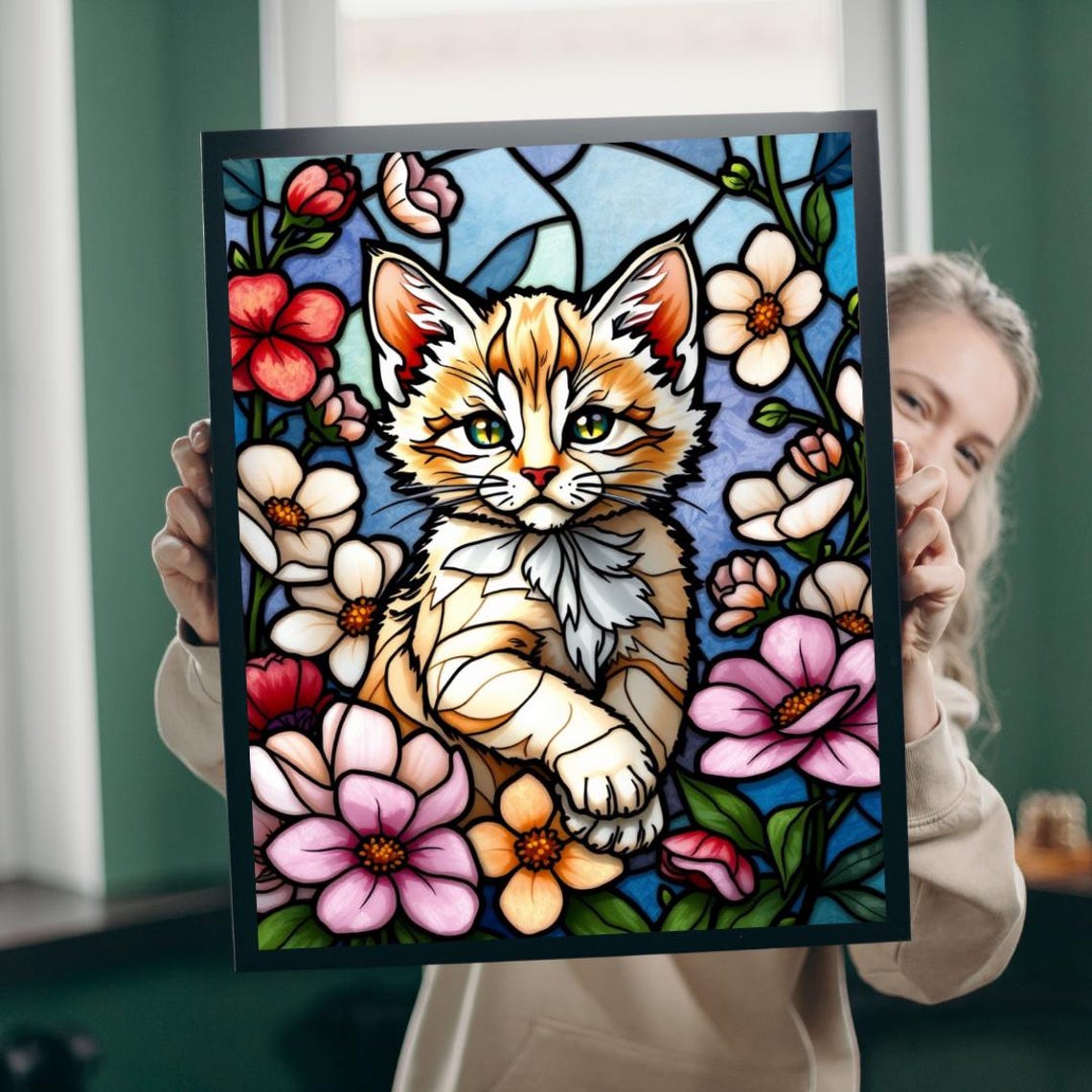 Kitten Stained Glass Style Pink Flowers Cat Lovers Art Poster