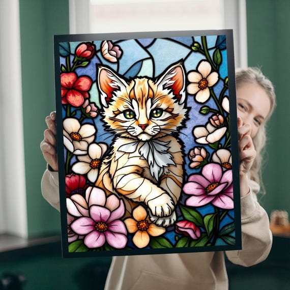 Kitten Stained Glass Style Pink Flowers Cat Lovers Art Poster