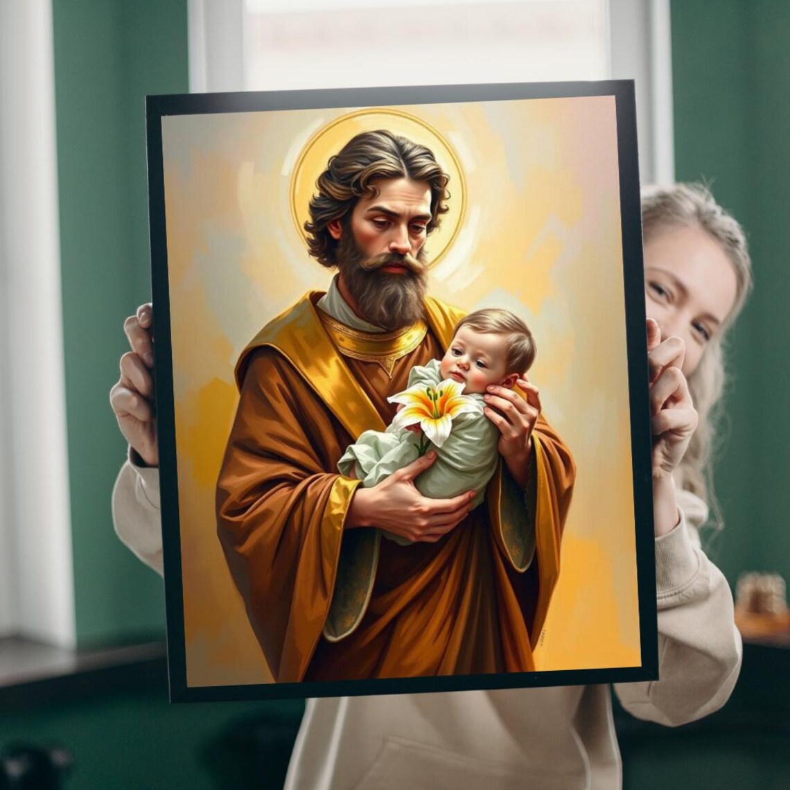 Saint Joseph Holding Child Jesus with Lily Golden Halo Icon Poster