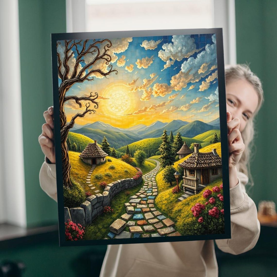 Golden Sunset Mountain Village Stone Path Mosaic Style Art Poster