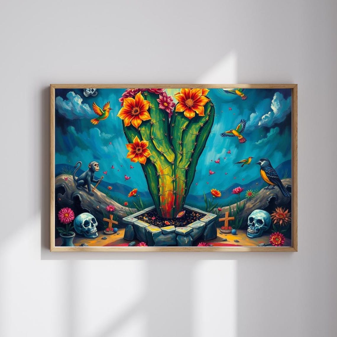 Blooming Cactus Skulls Surreal Folk Art Desert Garden Poster