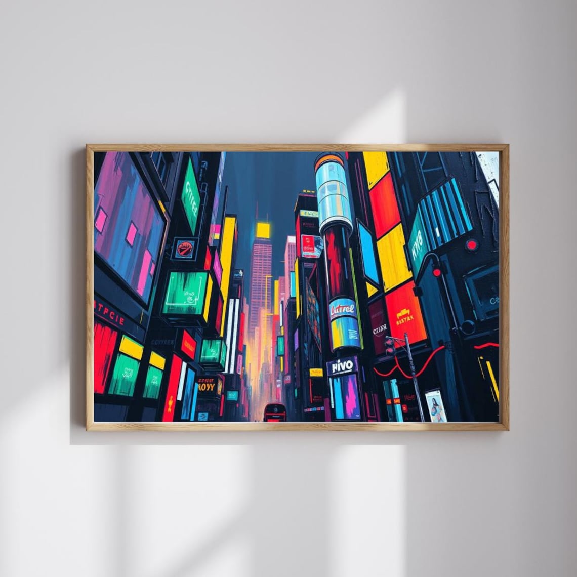 Neon City Night Street Glowing Billboards Urban Pop Art Poster