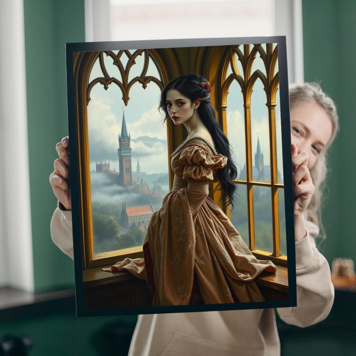 Medieval Princess at Castle Window Misty Cathedral Gothic Art Poster