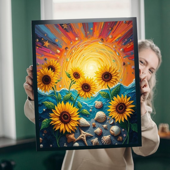 Sunflowers Seashells Beach Swirling Sun Ocean Summer Vibes Wall Poster