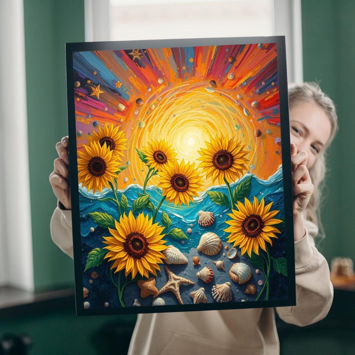 Sunflowers Seashells Beach Swirling Sun Ocean Summer Vibes Wall Poster