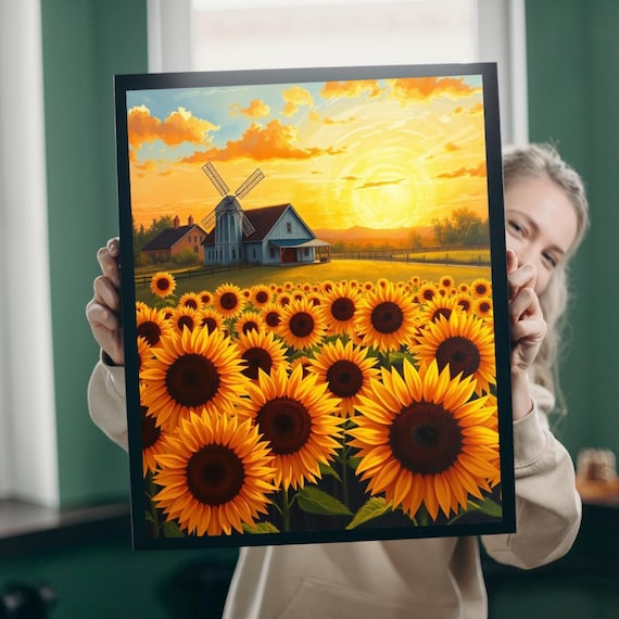 Sunflower Field Farmhouse Windmill Glowing Sunset Country Art Print