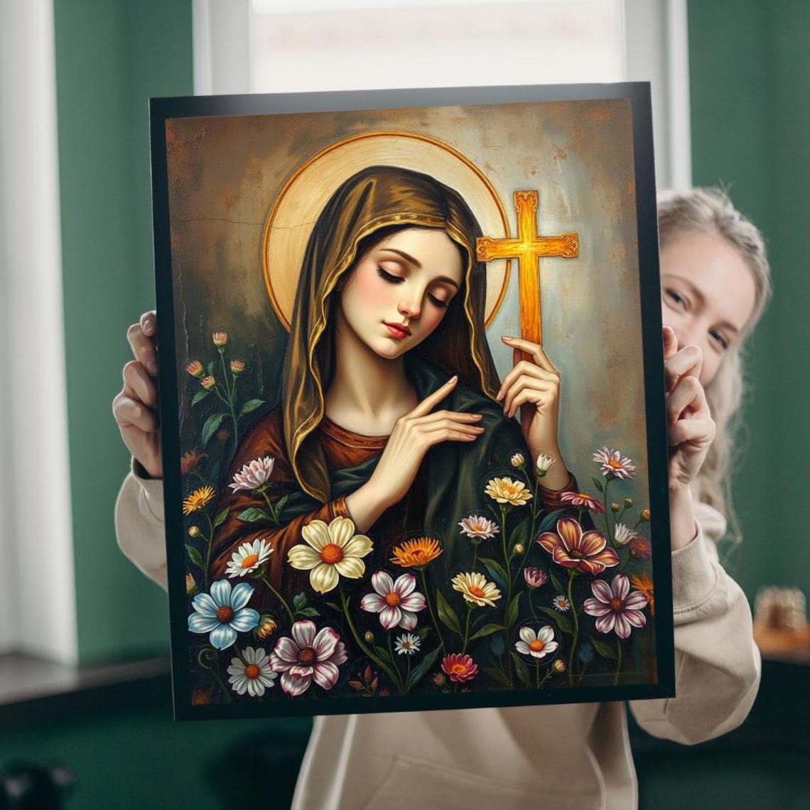 Saint Therese Holding Golden Cross Amid Flowers Religious Icon Print