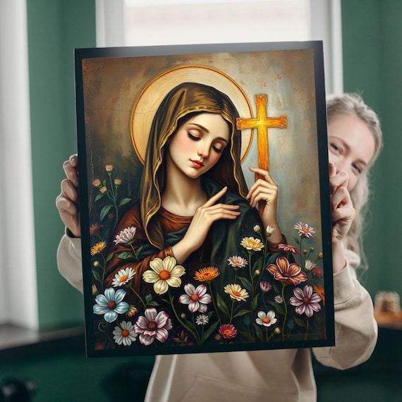Saint Therese Holding Golden Cross Amid Flowers Religious Icon Print