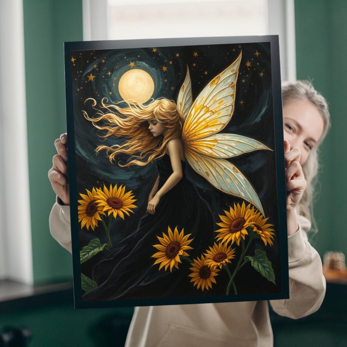 Golden Fairy Beneath the Moon Among Towering Sunflowers Art Poster