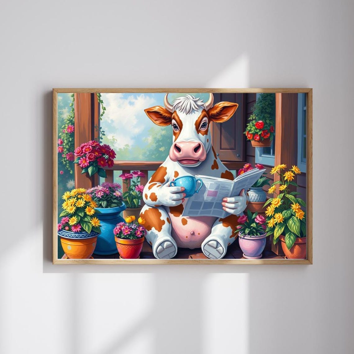 Funny Cow Reading Newspaper Morning Coffee Porch Flowers Poster