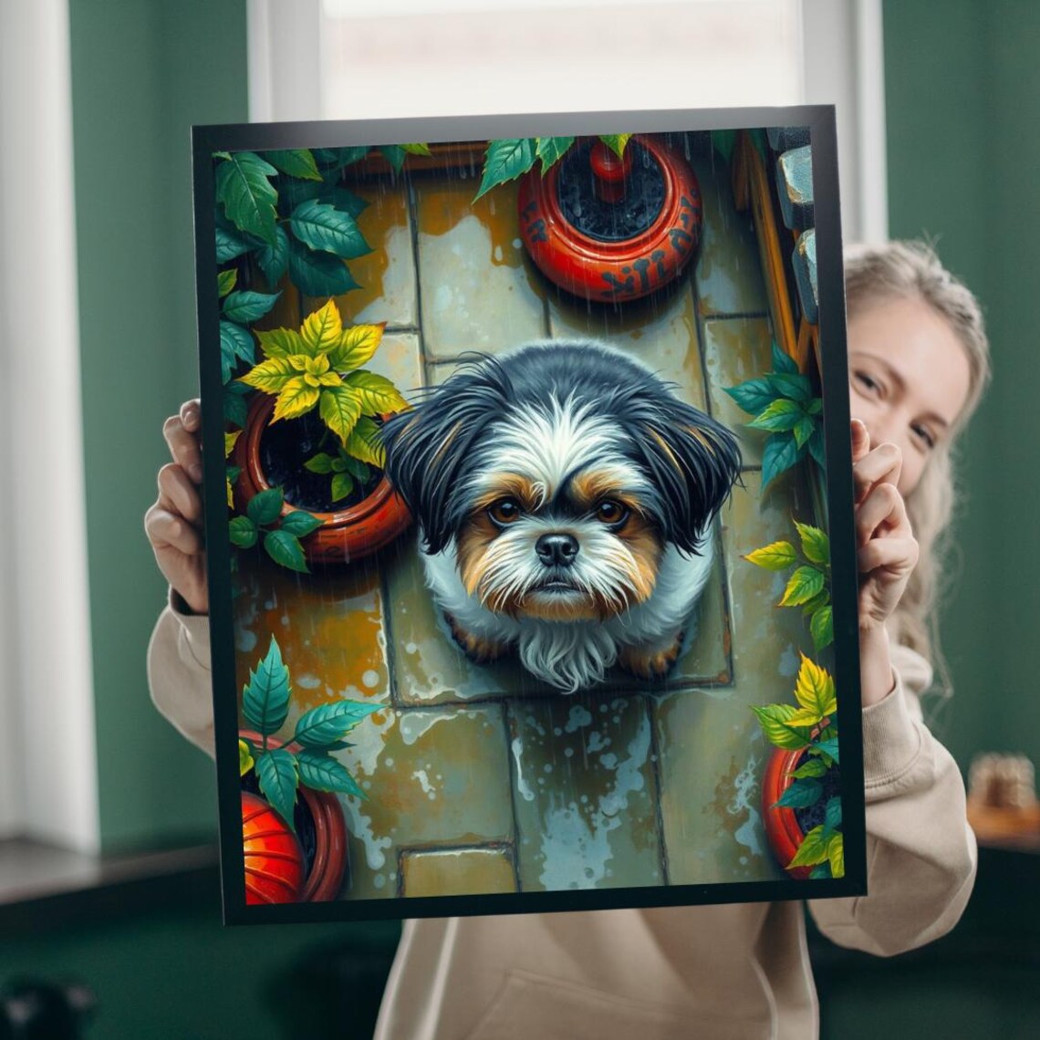 Shih Tzu In The Rain On Stone Patio With Potted Plants Poster