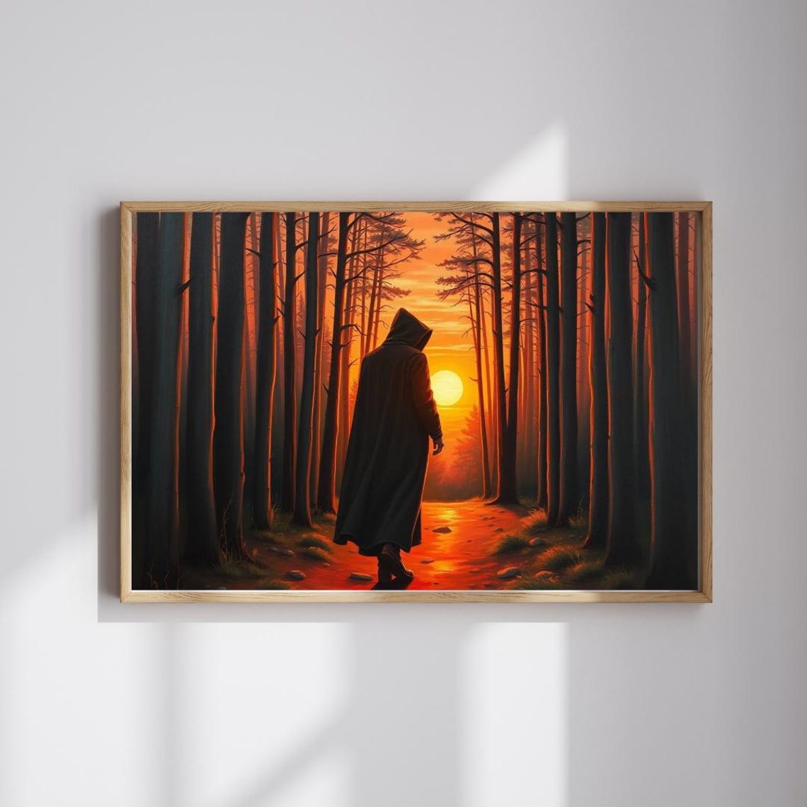 Hooded Figure Walking Toward Sunset in Dark Pine Forest Poster