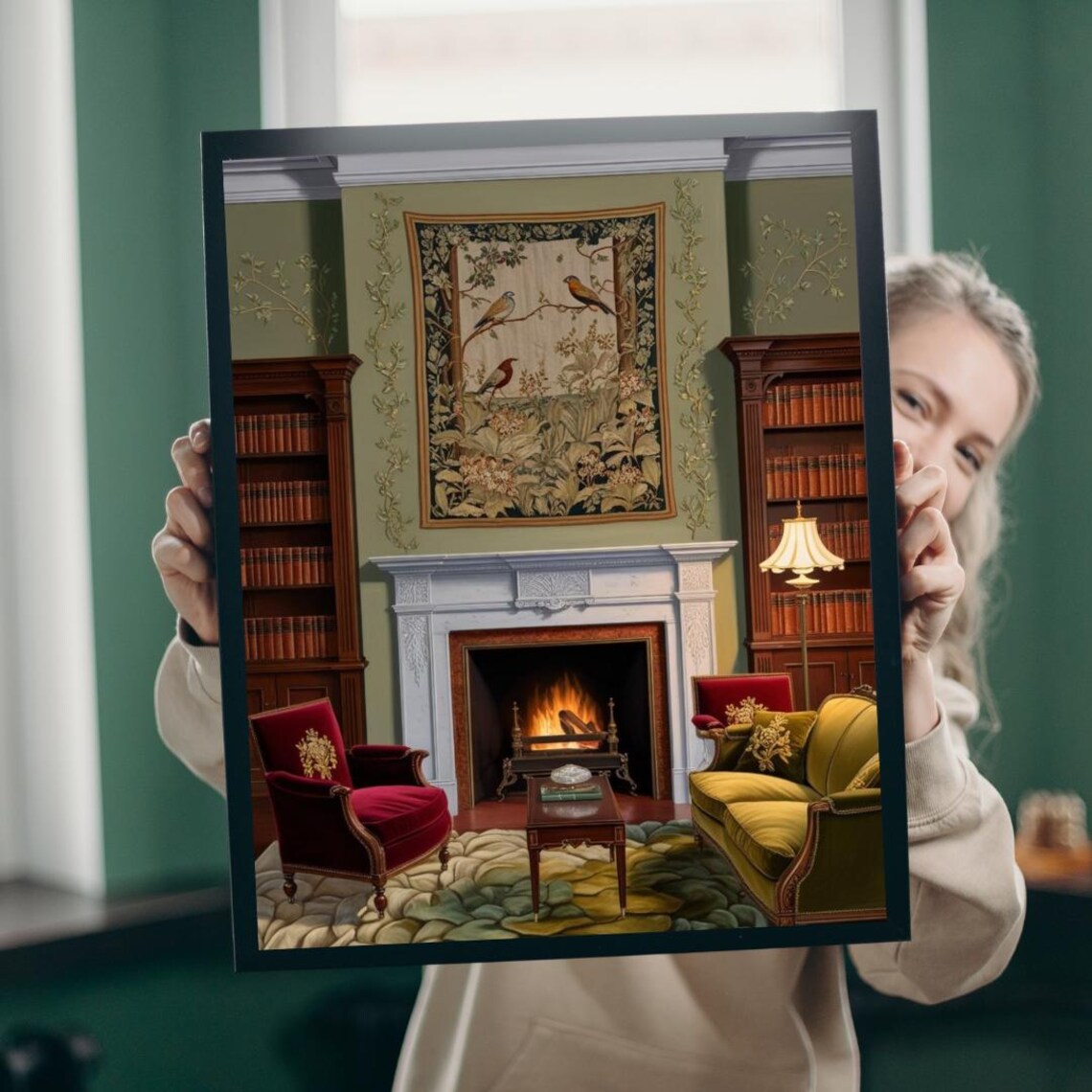 Vintage Library Fireplace Reading Room Tapestry Birds Interior Art Poster