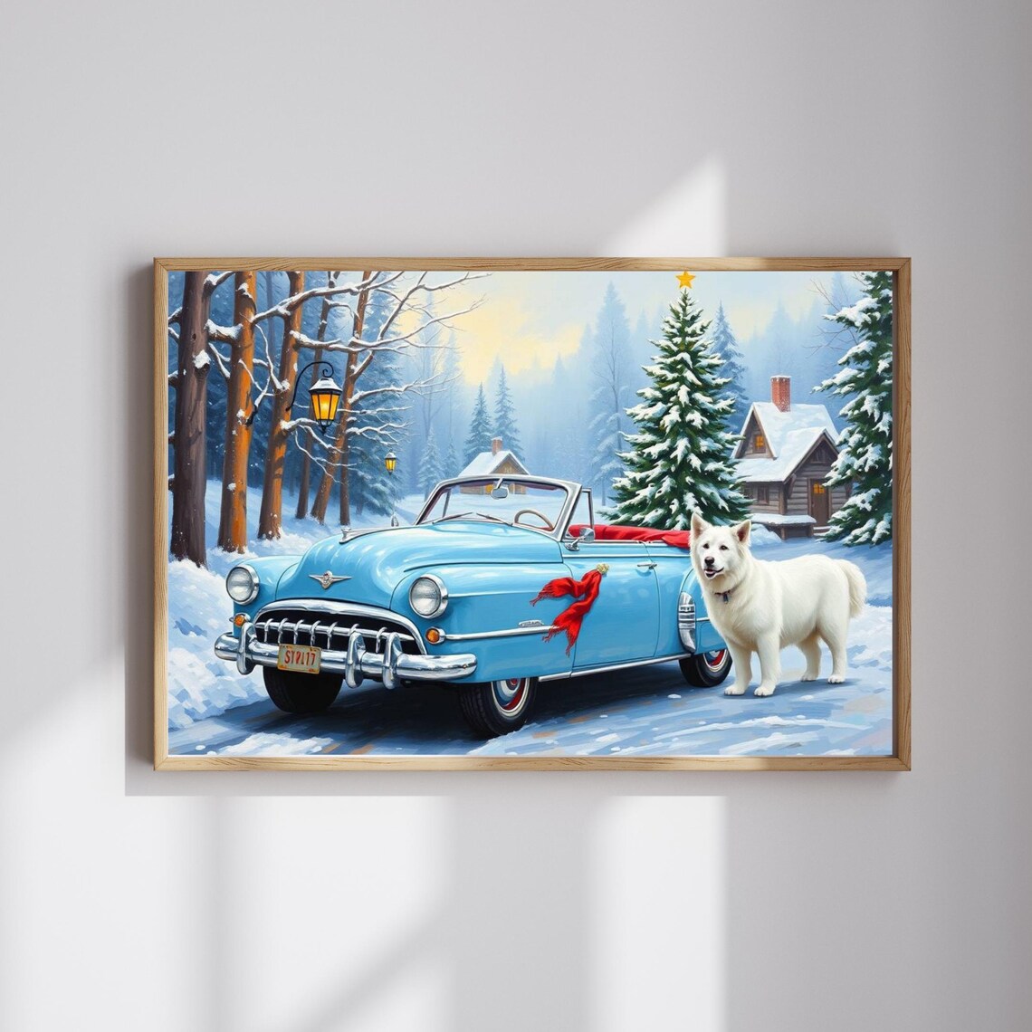 Vintage Blue Convertible Christmas Snow Dog Cozy Winter Art Poster
