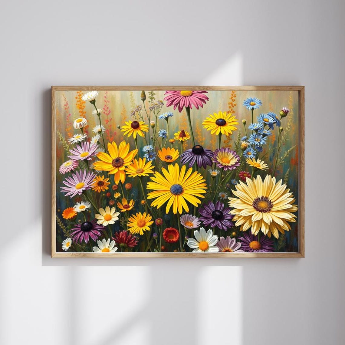 Colorful Daisy Meadow Yellow Purple White Blooms Floral Art Poster