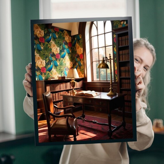 Vintage Library Study Poster Dark Academia Desk Books Lamp Artwork