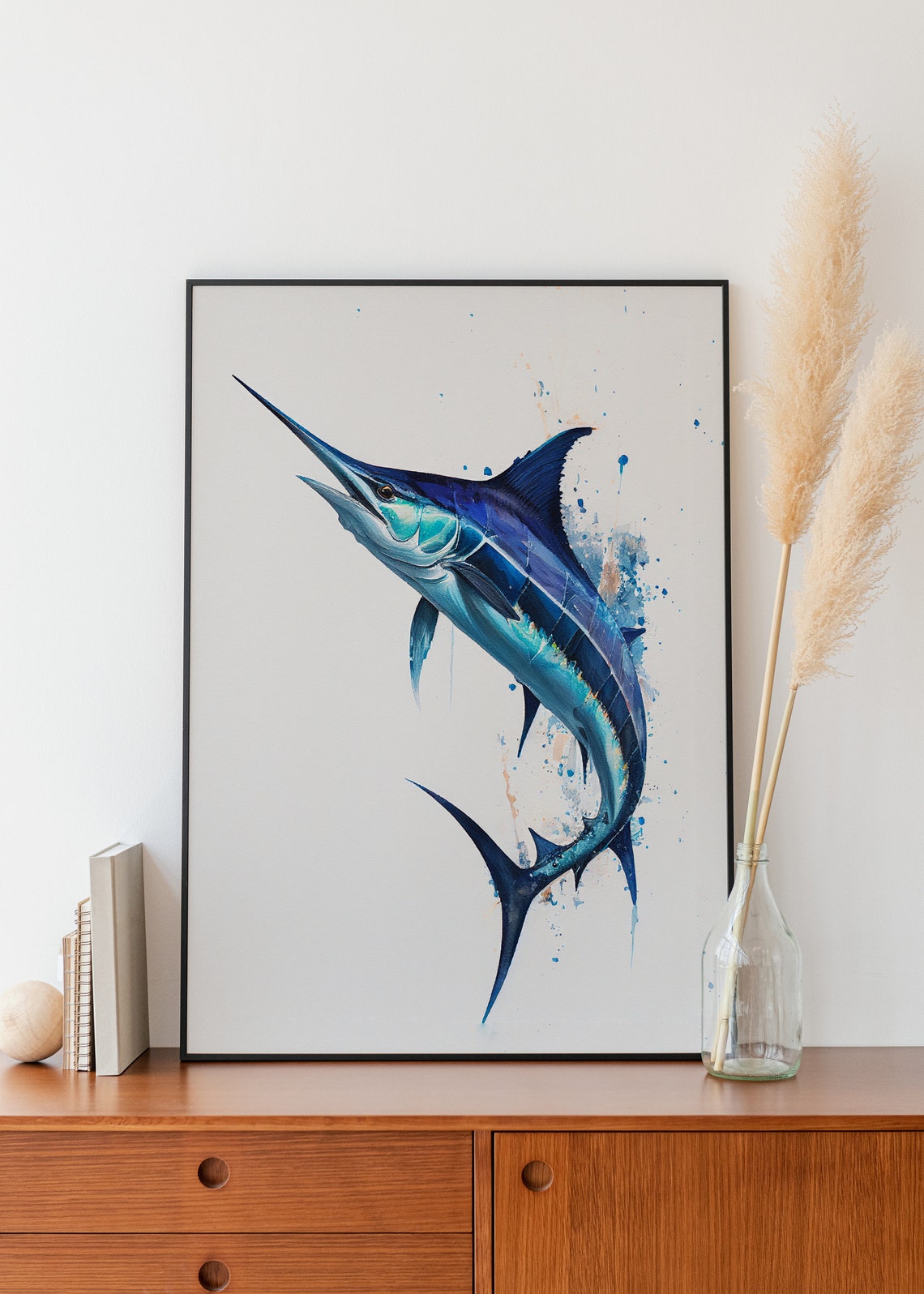 Blue Marlin Fish Watercolor Painting Splash Jumping Art Poster