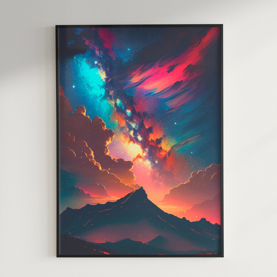 Neon Mountain Silhouette Under Vivid Cosmic Night Sky Poster - Image 2