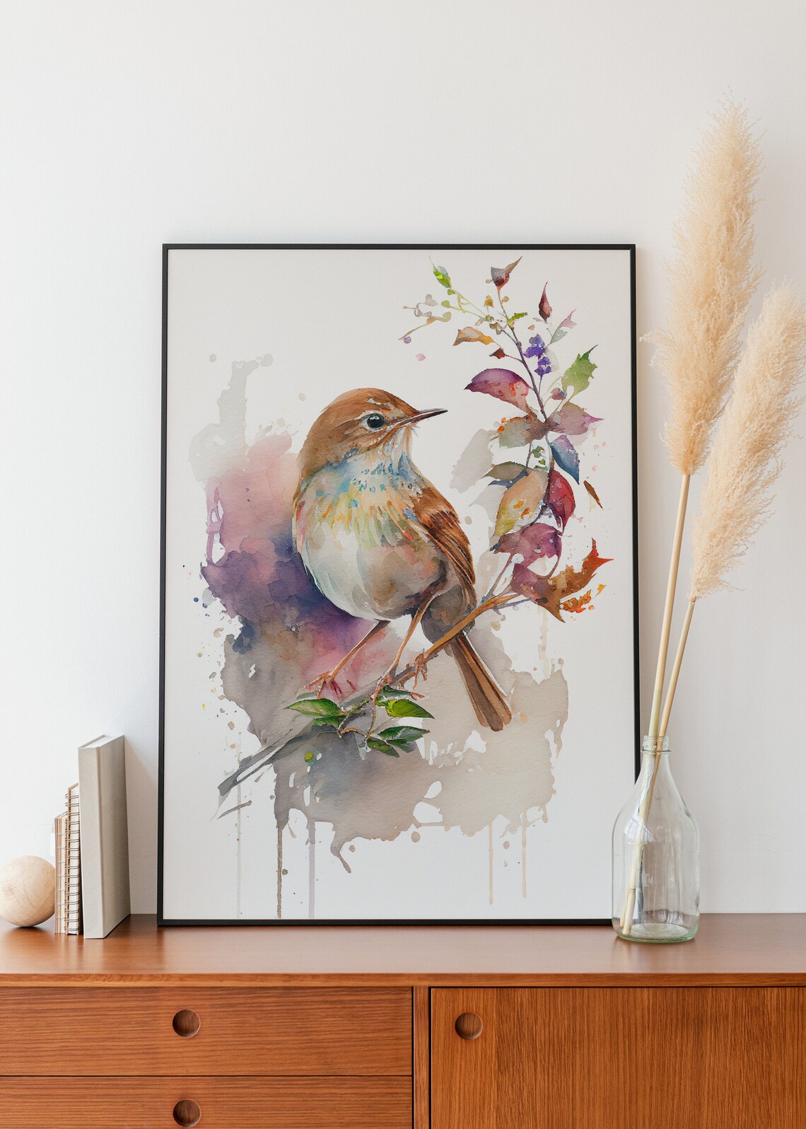 Sweet Brown Songbird on Autumn Branch Watercolor Bird Wall Art