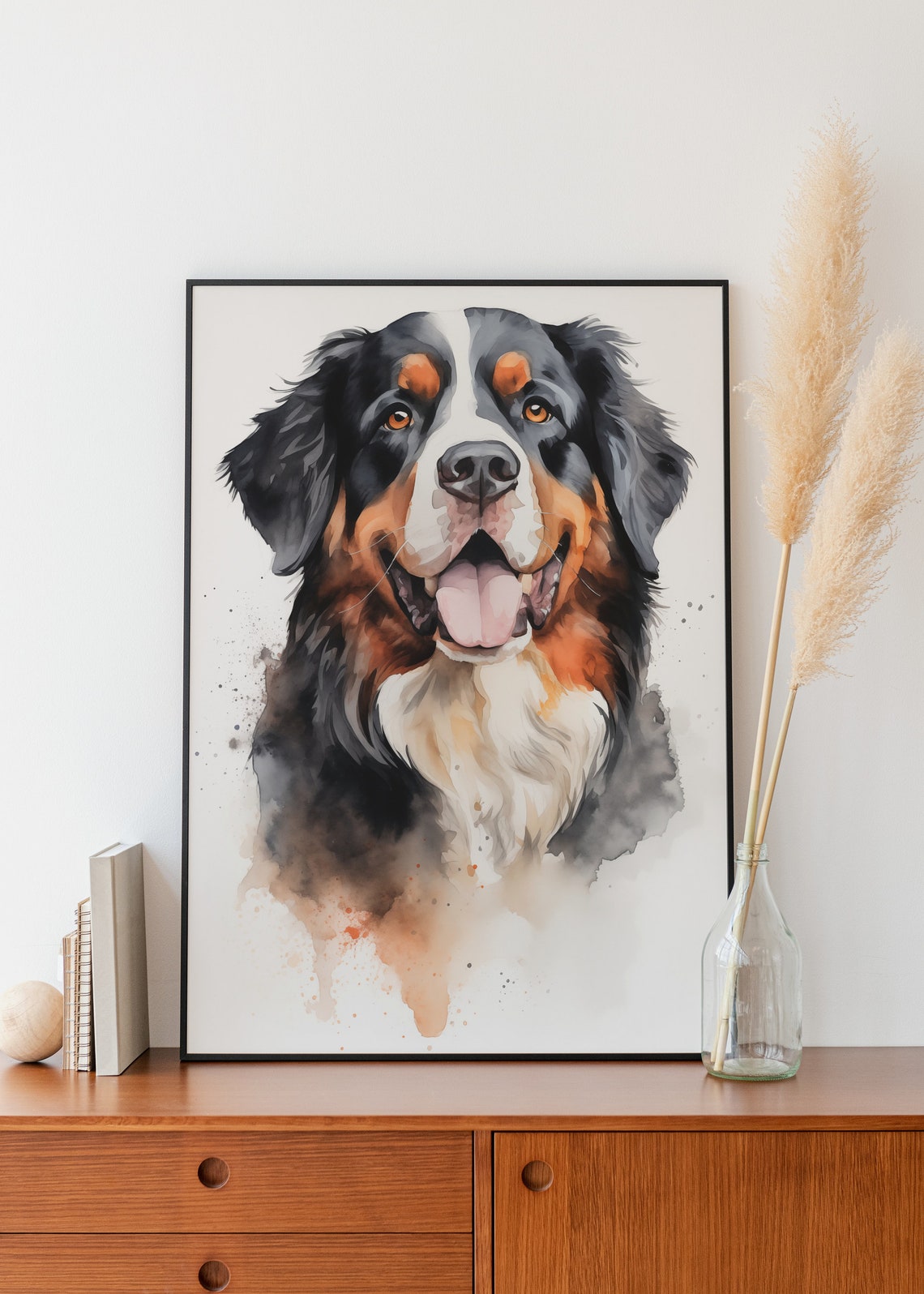 Smiling Bernese Mountain Dog Watercolor Happy Pup Portrait Wall Art