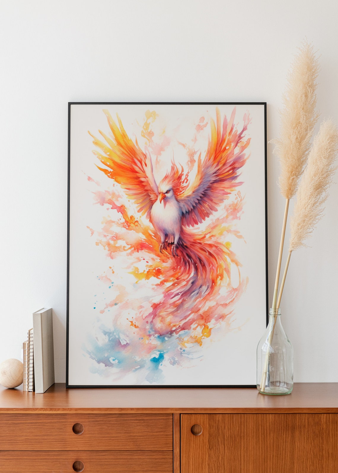 Fiery Phoenix Rising in Flames Mythical Firebird Watercolor Poster