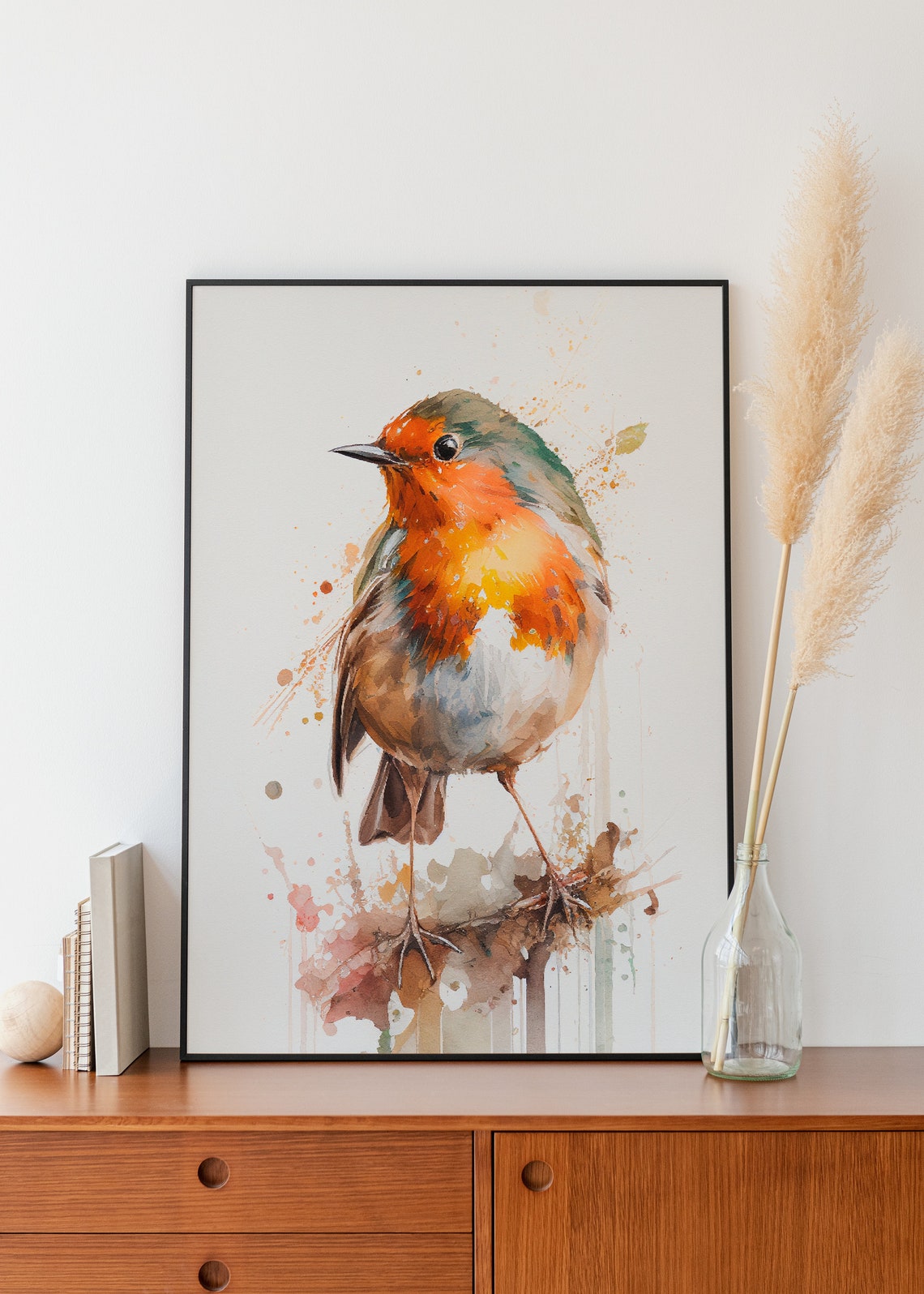 European Robin Red Breast Watercolor Bird Painting Art Poster