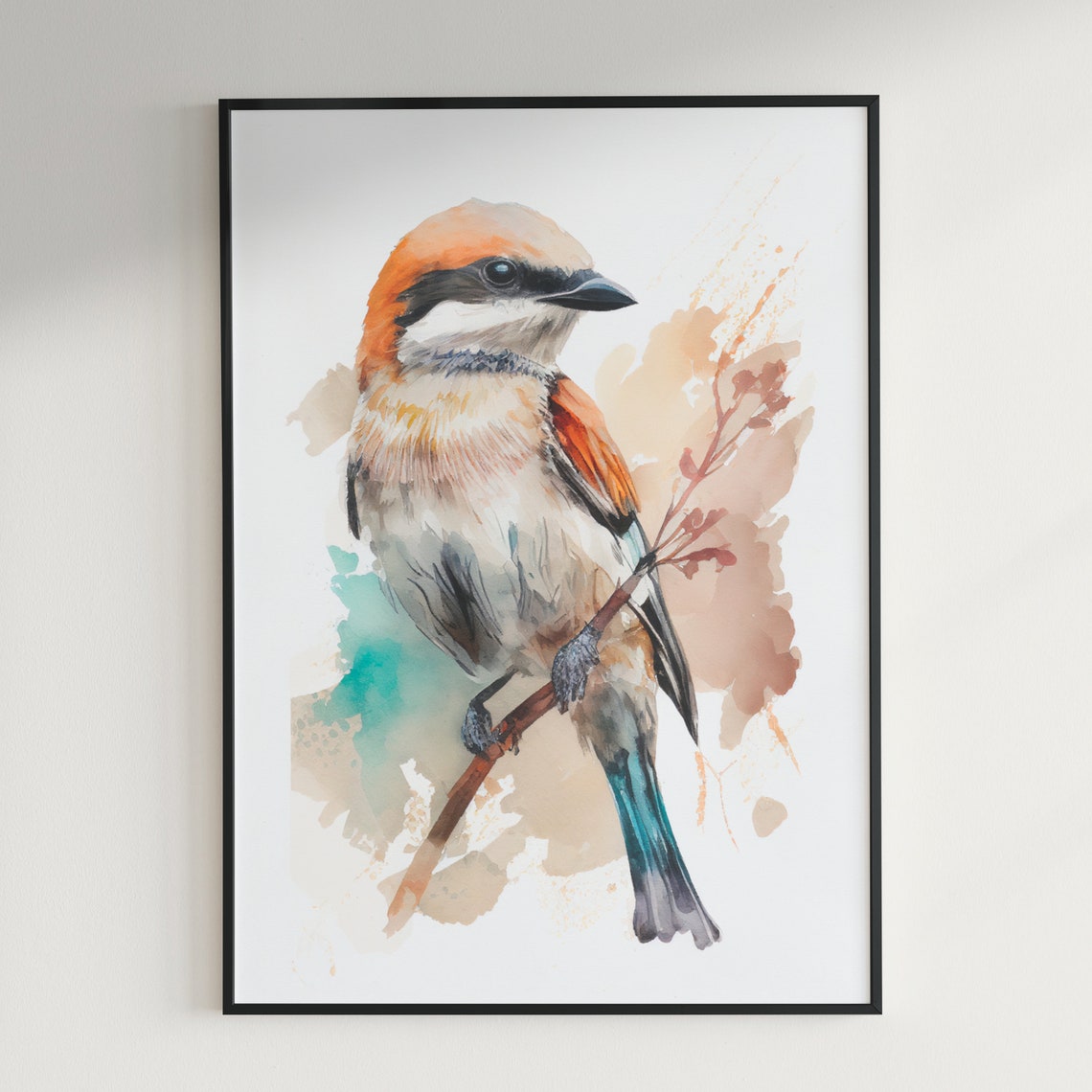 Orange Headed Songbird Watercolor Wildlife Portrait Wall Art