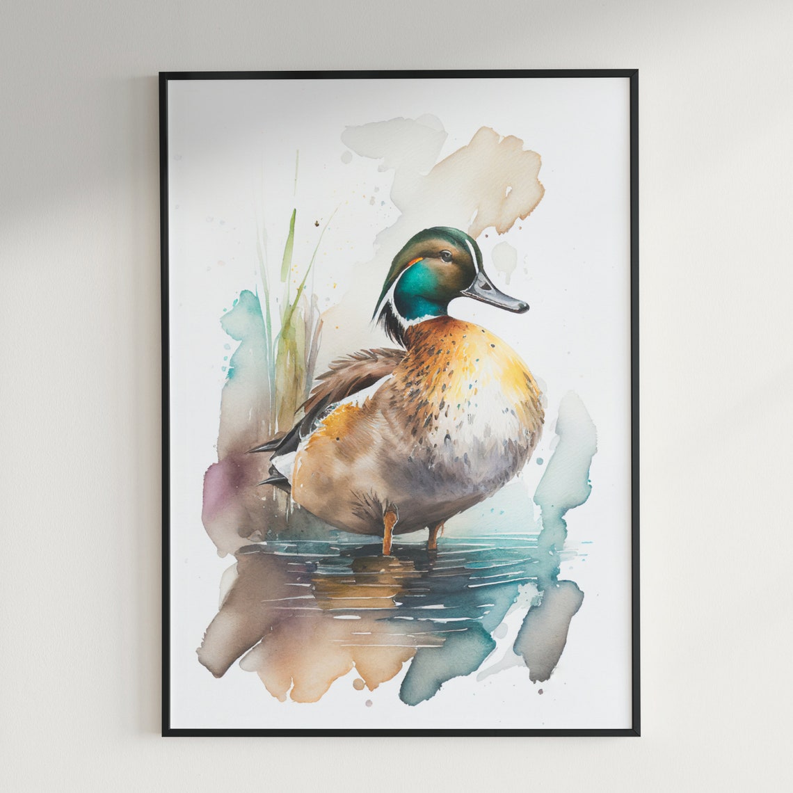 Green Headed Mallard Duck Drake Standing in Pond Watercolor Poster - Image 2